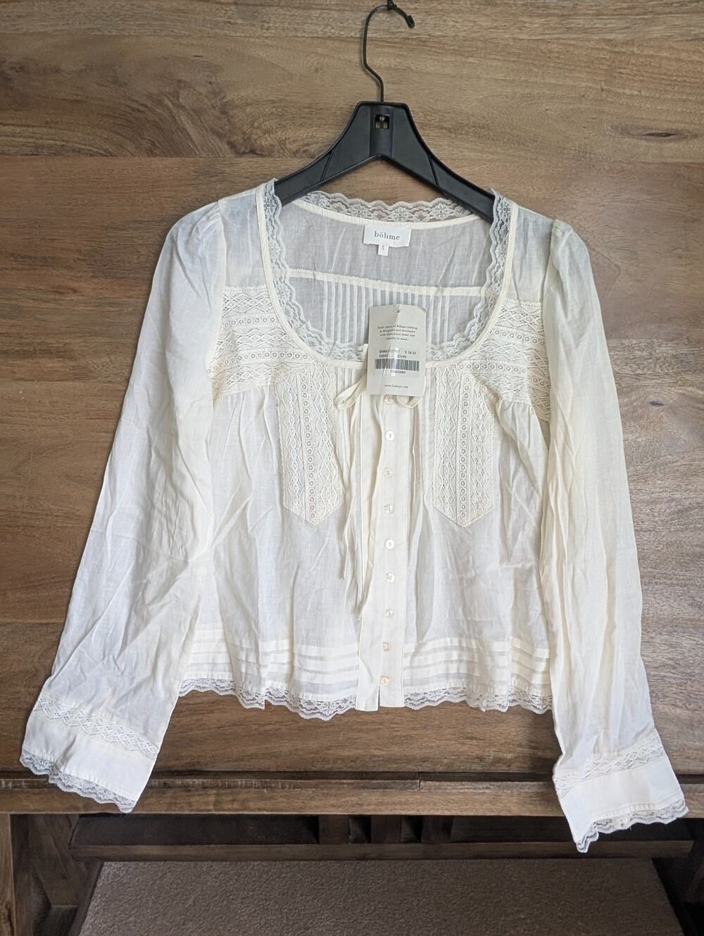 NWT Böhme Blouse Top Womens Small Ivory White Lace Trim Long Sleeve Button Front